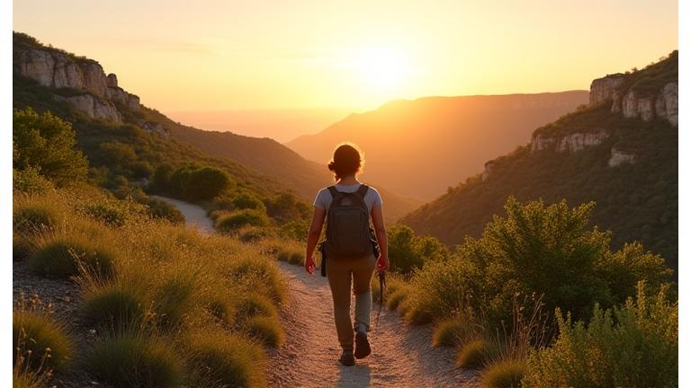 A serene landscape of the Texas Hill Country at sunset, with a person hiking on a clear trail.