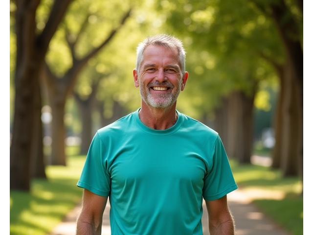 David, a smiling man aged 55, stands confidently after a run in a green park.