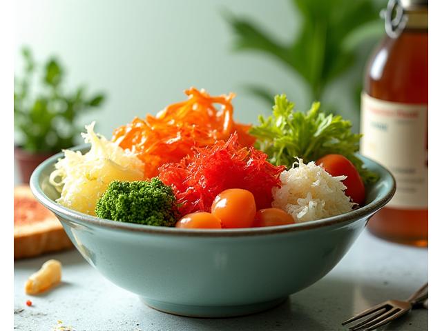 A vibrant bowl of fermented foods like kimchi and sauerkraut, representing gut health and probiotics.