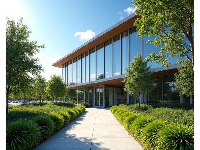 Modern office building exterior with a clear blue sky, green landscaping, capturing the professional yet inviting atmosphere of VeraPath Wellness's Austin location.