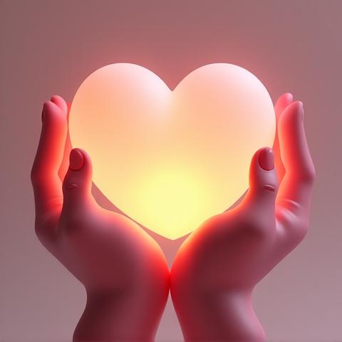 Stylized abstract graphic of hands gently holding a glowing heart, representing care, empathy, and dedicated customer service.
