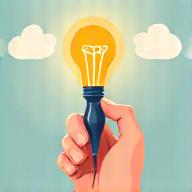 Illustration of a hand writing on a notepad, with lightbulb and thought bubble icons, symbolizing idea generation and feedback submission.