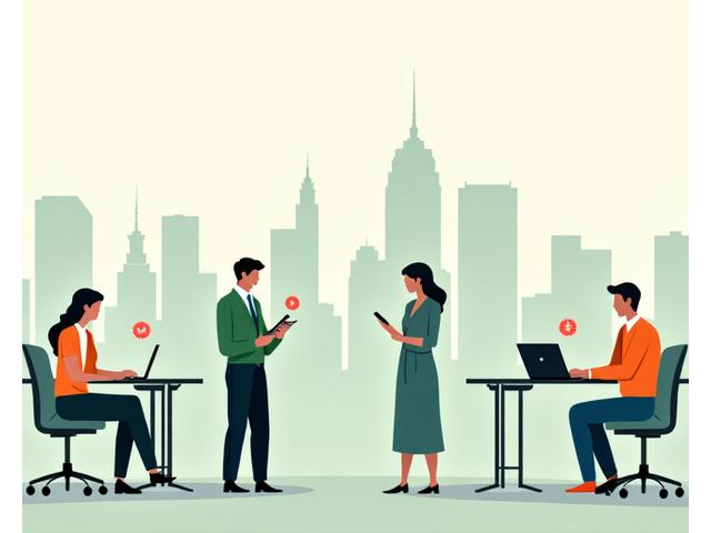 Illustration of Austin skyline with professional individuals, representing Austin work culture impact analysis on digital wellness patterns.