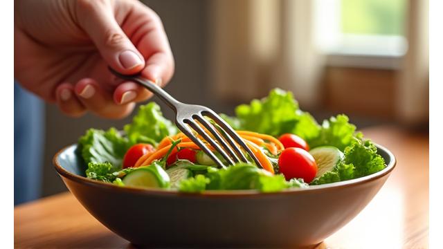 Person mindfully eating a healthy salad, demonstrating conscious consumption.