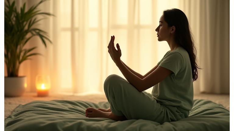 A serene adult practicing gentle meditation or yoga, demonstrating mindfulness and stress reduction, with soft, calming light.