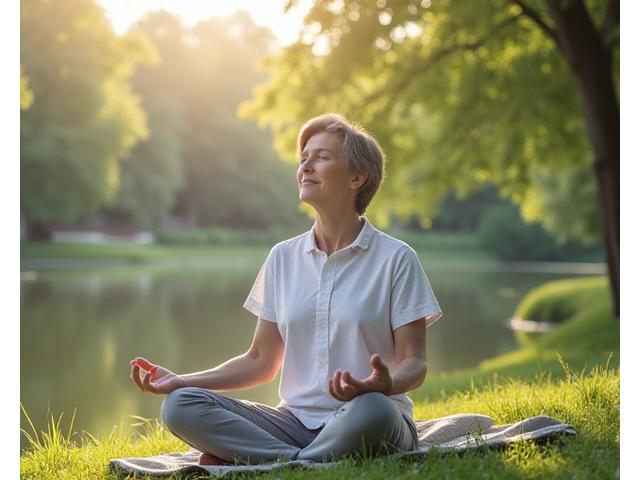 Person meditating peacefully outdoors, surrounded by calm nature.