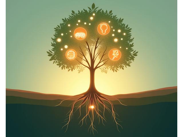 A branching root system illustration with health icons at each root tip, representing a holistic functional medicine approach.