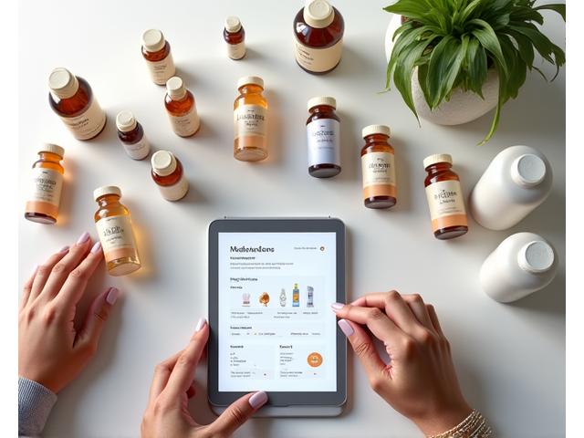 Assortment of high-quality, cleanly packaged supplements and a hand using a tablet with a personalized health app.
