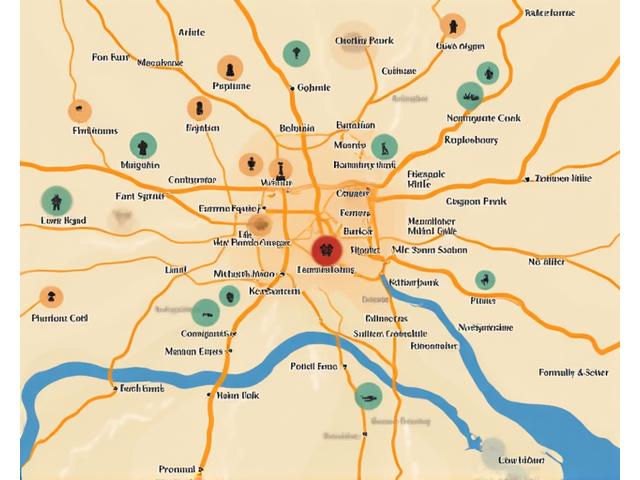 An inviting, warm map of Austin highlighting wellness centers, parks, and serene spots with minimalist icons and a glow, suggesting connection and discovery.