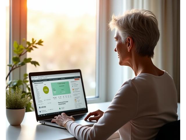 A woman in her late 40s reviewing a personalized health dashboard on a laptop, showing charts indicating health progress and new product recommendations, with sunlight streaming.