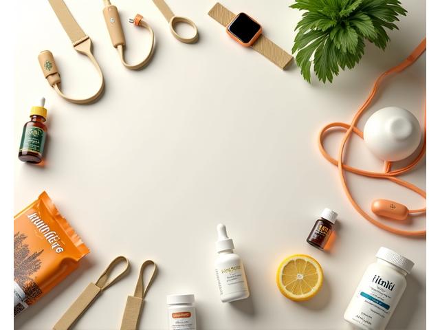 Assortment of high-quality wellness products (supplements, smartwatch, essential oils, resistance bands) neatly arranged on a clean table, symbolizing diverse categories.